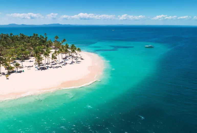 Aerial of a palm-covered beach point with loungers and an excursion boat offshore