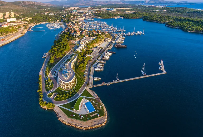 Aerial of the D-Resort hotel and Mandalina Marina peninsula at Sibenik, Croatia