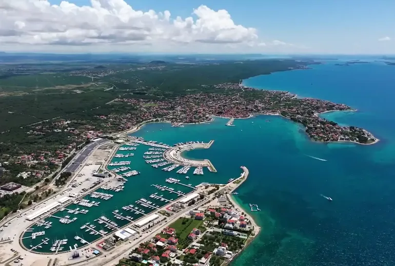 Aerial of the large D-Marin Dalmacija marina and Sukosan town near Zadar packed with boats