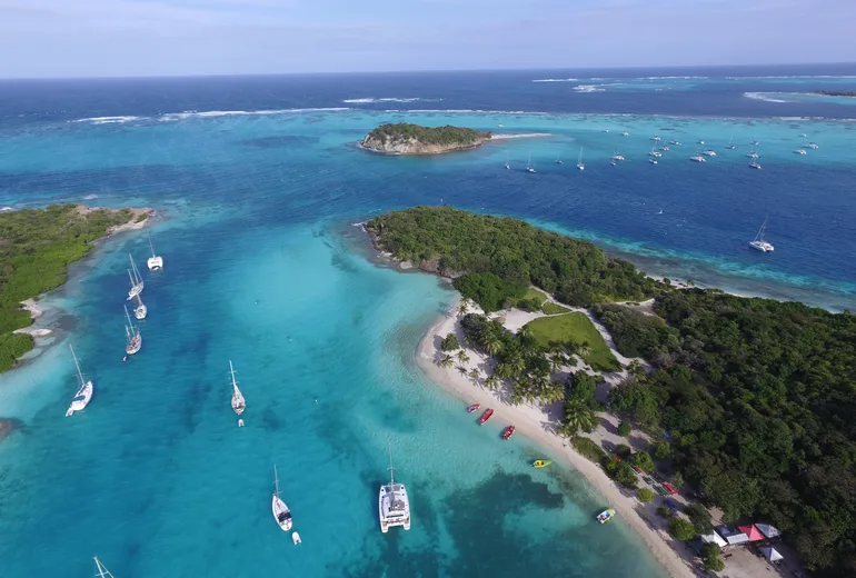Aerial of the Tobago Cays anchorage with yachts, reefs and palm beach in the Grenadines