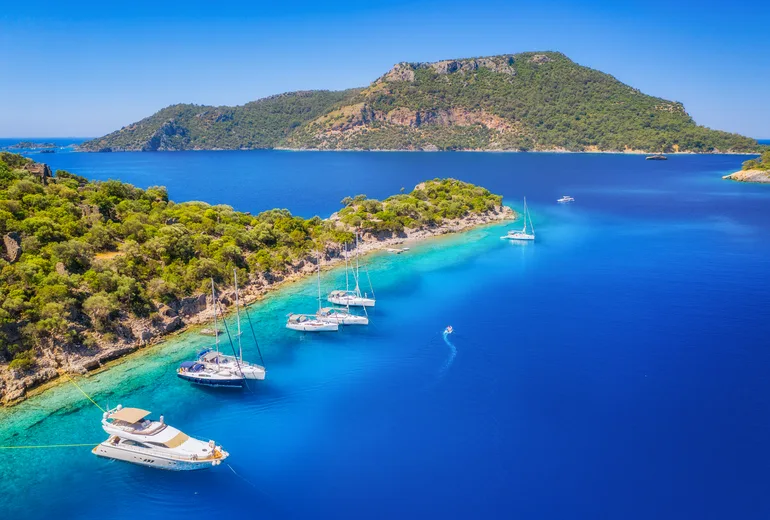 Aerial of yachts moored along a pine shore in a turquoise bay facing an island, Turkiye