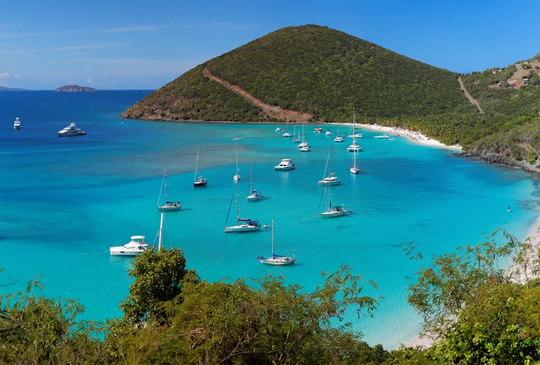 Panorama of White Bay anchorage with yachts at Jost Van Dyke, British Virgin Islands