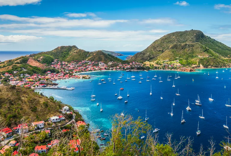 Red-roofed village and yacht-filled bay of Les Saintes, Guadeloupe