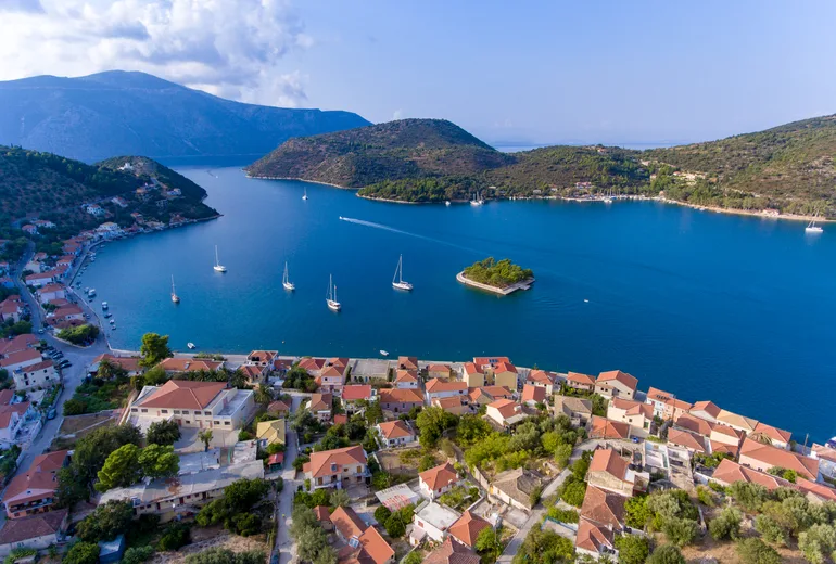 Sailboats at anchor in Vathy bay on Ithaca