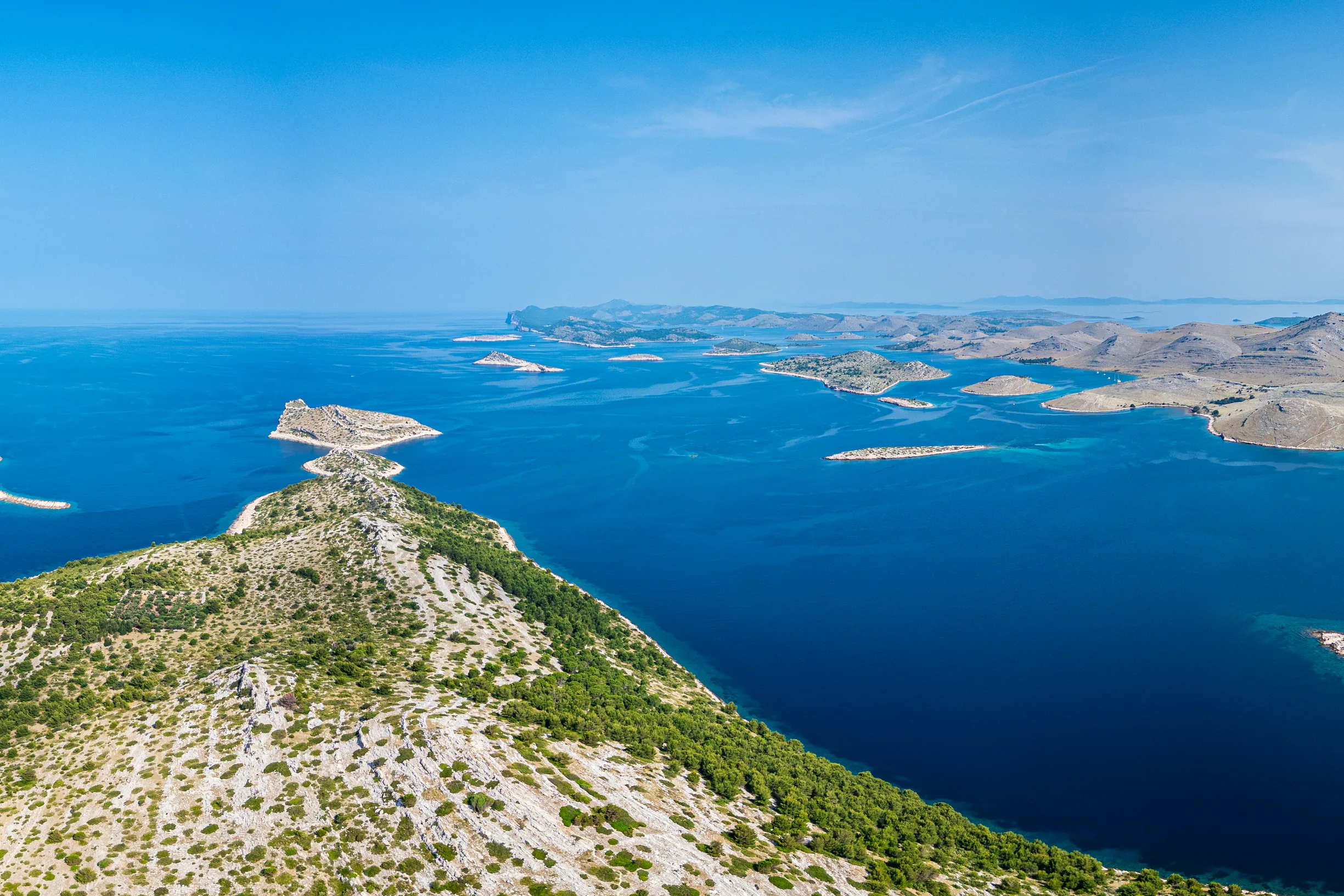 Panoramic aerial of barren Kornati archipelago islands and channels